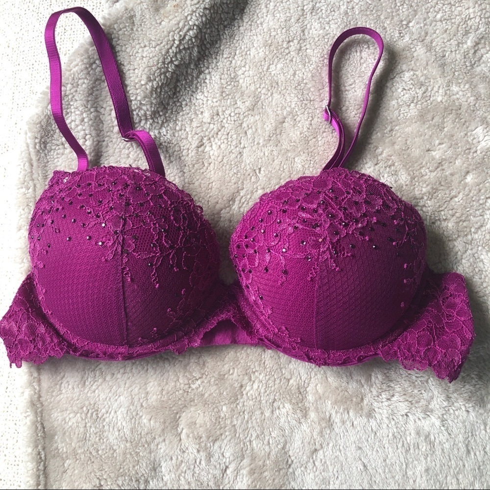 Aerie Limited Edition Reese Bra Magenta Pink Push Up Lace Sequins Size 34B